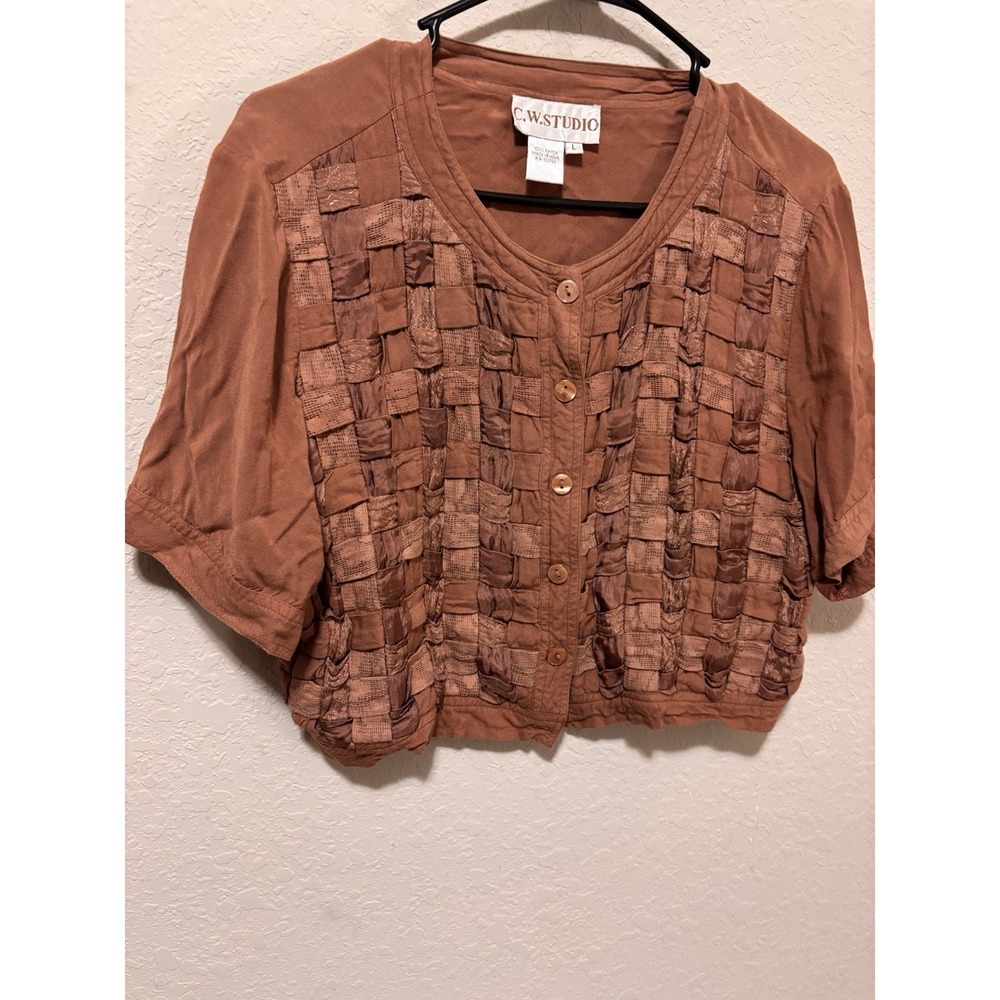 Y2K Whimsigoth Smocked Texture Button Crop Top Rust Brown Basketweave Shirt SZ L - Picture 10 of 14